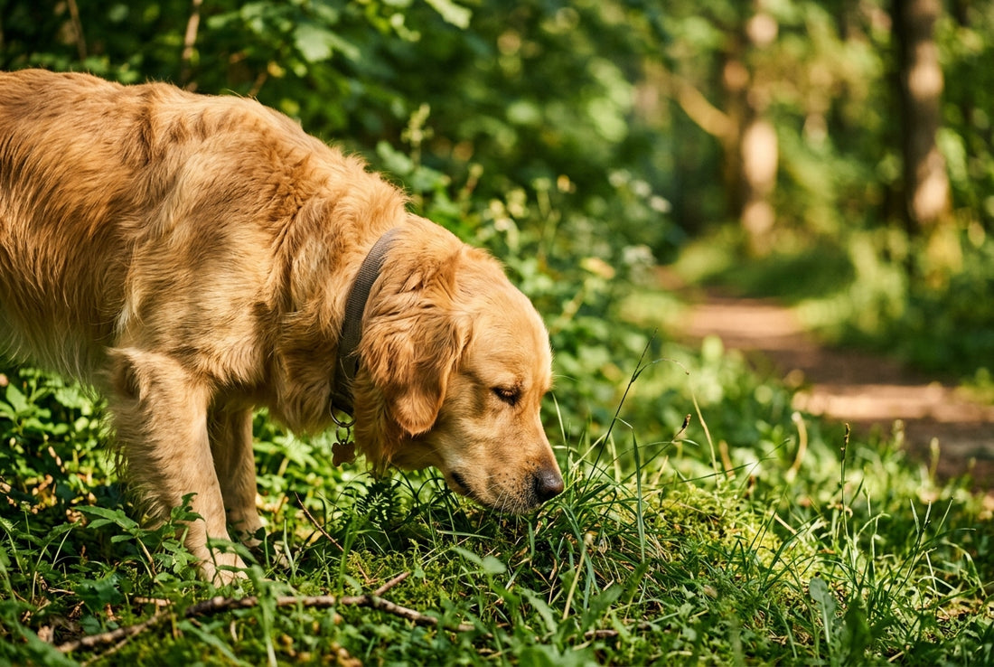 Golden retriever calmly sniffing grass on a quiet nature trail during a decompression sniffari walk