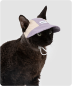 Black cat wearing a Hibiscus Purple lightweight cat sun hat