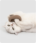Cat playing with a pretzel catnip plush toy