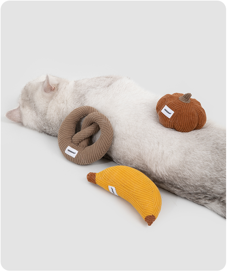 Cat relaxing with three catnip plush toys
