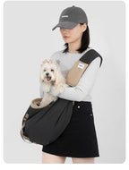 HD020016 Pet Travel Sling Tote real-life photo carrying a small dog