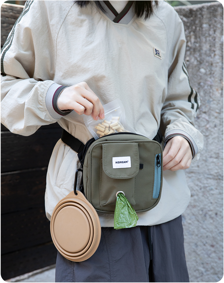 Deep Moss Green Toast Training Treat Pouch with training treats and a collapsible bowl
